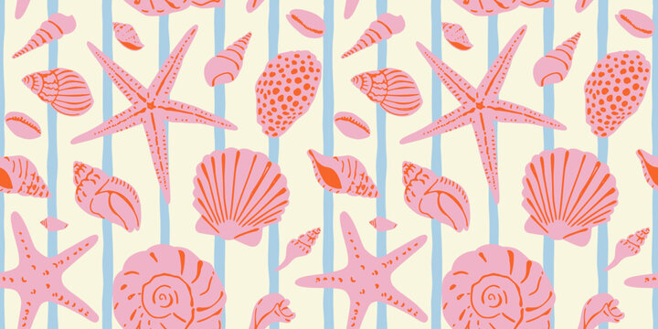 Diverse tropical beach sea shell seamless pattern. Summer marine animal background design. Vacation travel concept. Ocean snail collection flat cartoon backdrop illustration.