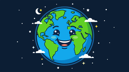 Fototapeta premium Smiling Earth Cartoon Illustration with Stars and Clouds.