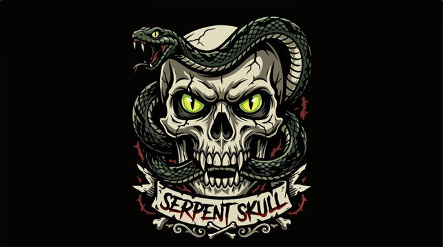 Sinister Skull with Serpent - A Dark and Edgy Illustration.