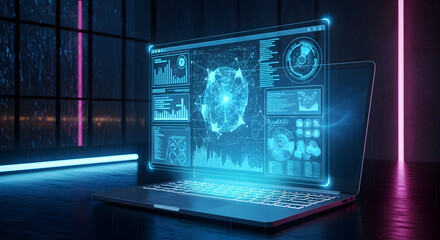 Fototapeta premium Futuristic Laptop with Advanced Holographic Data Analytics Interface