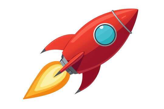 Red cartoon rocket taking off, flying with fiery propulsion and a porthole, transparent background
