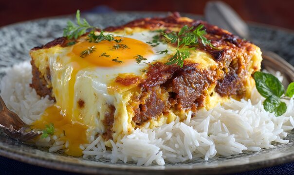 Sweltering heat of South African summer one encounter enchanting Bobotie masterful egg meat loaf served sizzling bed of fluffy buttery basmati rice clean professional stock photo sharp macro