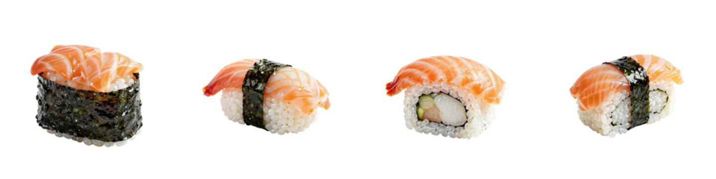 Variety of salmon sushi is displayed against a black background in a horizontal composition