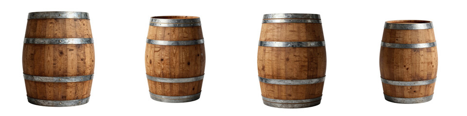 Fototapeta premium Set of rustic wooden barrels with metal hoops for storage and aging beverages