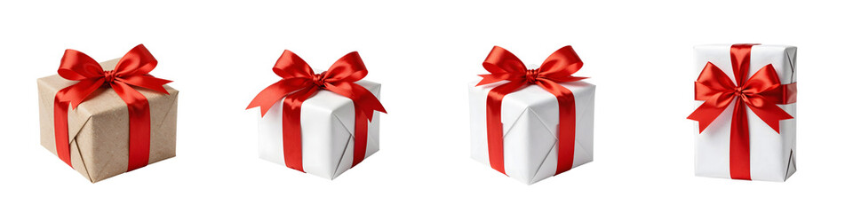Fototapeta premium Group of gift boxes wrapped in white and brown paper tied with red satin ribbons