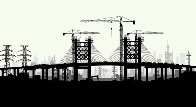 Bridge construction silhouette with cranes and city infrastructure
