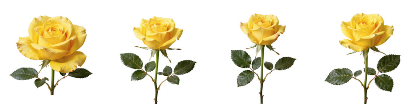 Four yellow roses with green leaves are displayed on a black background