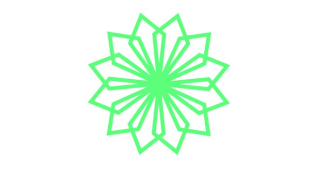 Abstract green geometric flower mandala unfolding and rotating animation on white background.