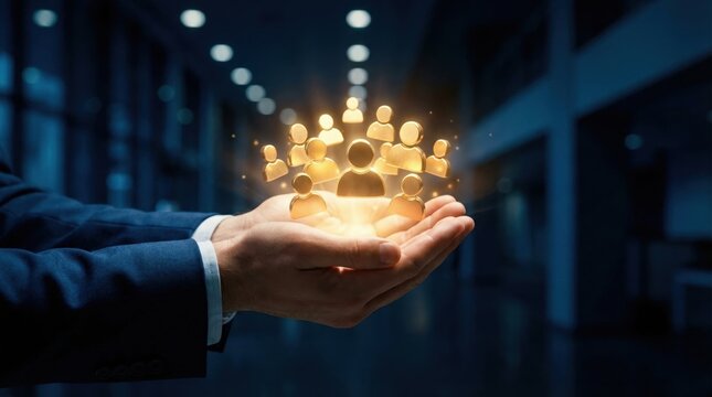 Businessman in suit holding glowing golden 3D people icons above palm in dark office, symbolizing corporate team building, leadership, recruitment agency and workforce management services