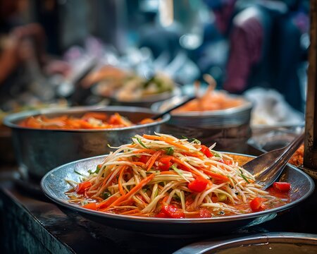 Bustling streetside food stall Bangkok spicy Som Tam papaya salad lovingly crafted awaiting customer clean professional stock photo sharp macro photography style cinematic realism ultra photorealistic