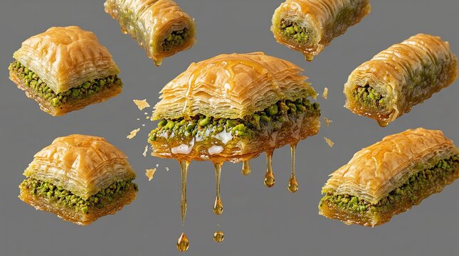 Turkish baklava with pistachios and honey syrup isolated on white background.