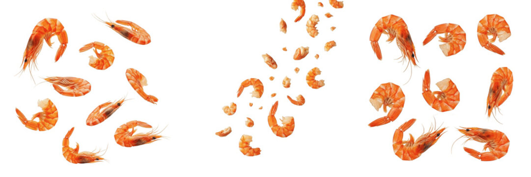 Fresh Cooked Shrimps and Prawns Falling and Scattering on White Background
