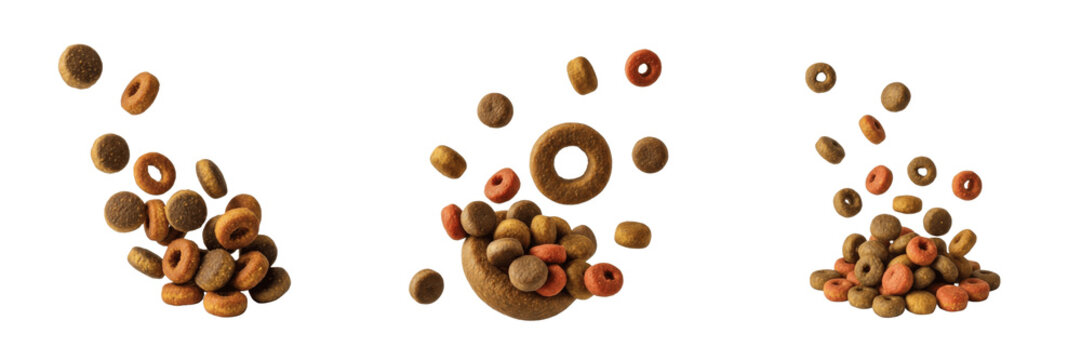 Dry Pet Food Pellets Falling and Scattering on White Background, Dog and Cat Kibble