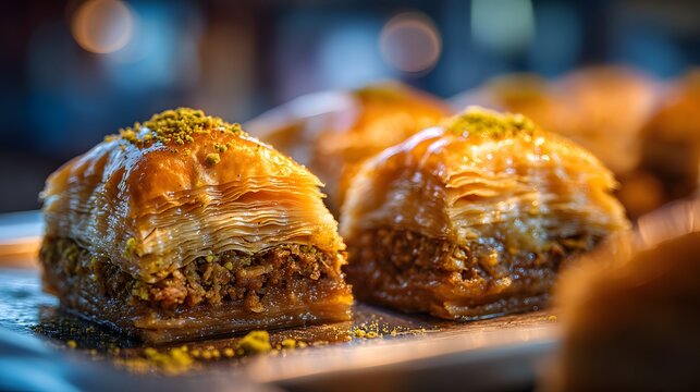 Glistening golden Baklava pastry unravels layer of sweetness quiet Istanbul caf clean professional stock photo sharp macro photography style cinematic realism ultra photorealistic no text no watermark