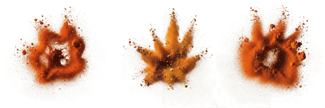 Set of red chili powder and paprika spice explosion isolated on white background