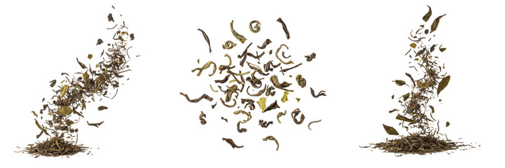 Flying Green Tea Leaves and Dried Herbal Tea Particles Spilling Isolated on White Background © Ibrar
