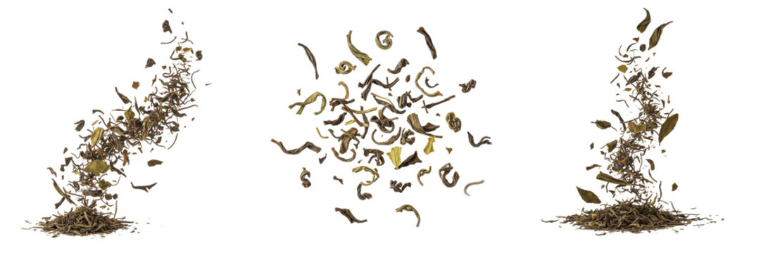 Flying Green Tea Leaves and Dried Herbal Tea Particles Spilling Isolated on White Background