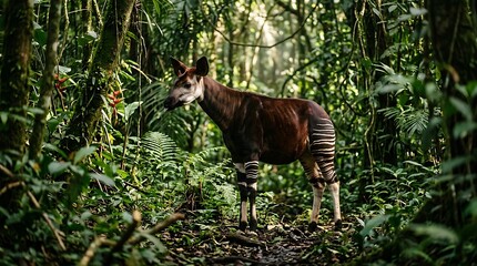 Naklejka premium Okapi Tropical Forest Rare Wildlife Scene