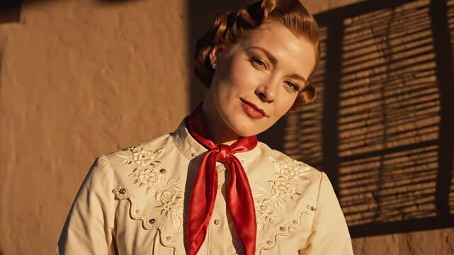 Heritage-inspired portrait showcasing 50's style outfits with a white embroidered western blouse, bold red scarf, sculpted vintage rolls, and warm museum ambience for polished retro femininity