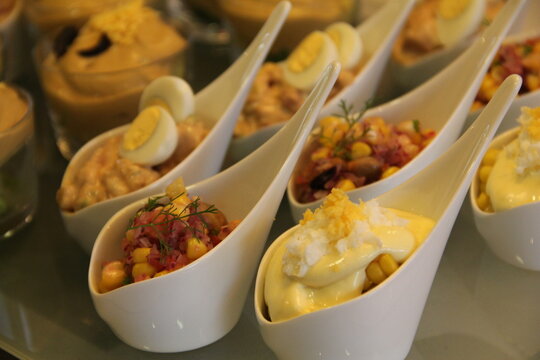 Assorted Peruvian appetizers with huanca&iacute;na, ocopa, shrimp cocktail and choritos a la chalaca