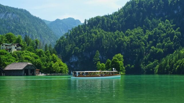 Cinematic video of a passenger boat moving across the clear emerald waters of Konigsee lake in Berchtesgaden National Park, Bavaria, Germany.