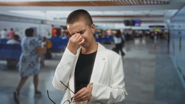 Woman with buzzcut in white blazer pinches bridge of nose while holding glasses in a crowded airport terminal near seats and signage; stress.