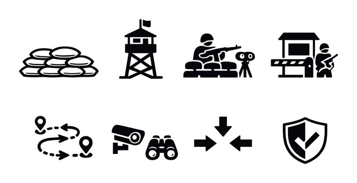 Perimeter security and checkpoint icons with surveillance elements