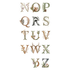 Naklejka premium Watercolor Woodland Alphabet for Nursery Decor, Forest Animal Letters Set, Nature Inspired ABC Clipart for Kids Room