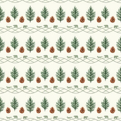 Fototapeta premium Seamless Watercolor Pattern with Forest Animals, Woodland Nursery Wallpaper, Kids Textile Design with Foxes and Bears