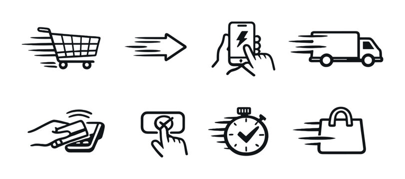 Fast checkout and delivery icons illustrating mobile payment process
