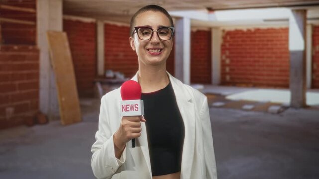 Woman reporter holding red news microphone close to chest, smiling while presenting inside an unfinished brick building with concrete columns; confident reporting.