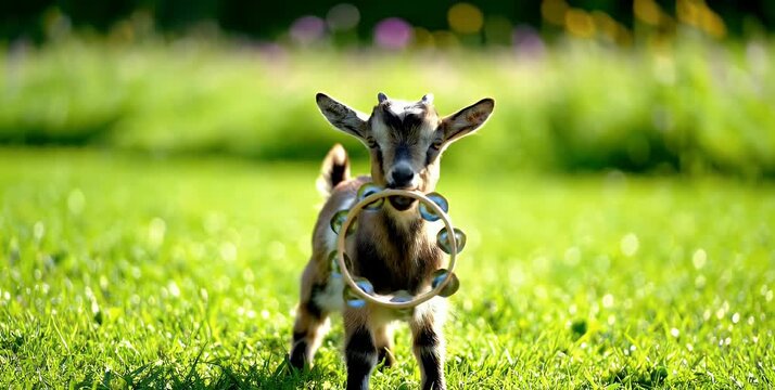 A charming baby goat stands in a lush green field, playfully holding a tambourine in its mouth, looking directly at the viewer on a bright, sunny day.