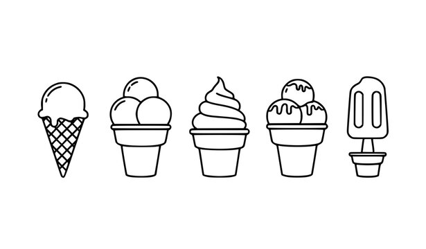 Minimal line art ice cream cone vector icons with simple sweet treat illustrations for UI and web design