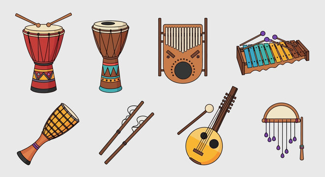 Diverse African Musical Instruments Collection, Drums, Flutes, Kalimba, Xylophone