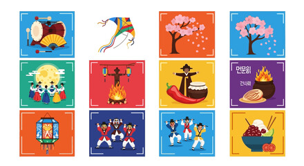 Fototapeta premium Korean Traditional Culture Icons Set: Festivals, Food, and Folk Art