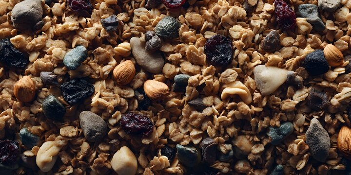 Texture of crunchy granola provides a satisfying start to the day clean professional stock photo sharp macro photography style cinematic realism ultra photorealistic no text no watermark