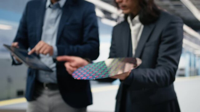 Close up of diverse engineering team testing silicon wafer batches in microchip factory. Multiracial coworkers brainstorm in manufacturing plant, analyzing semiconductor machinery readouts, camera A