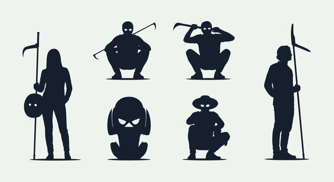 Silhouette Figures: Mysterious Characters with Tools and Weapons