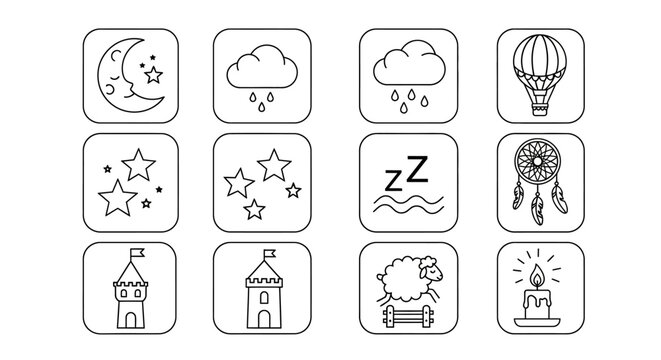 Sleep Icons Set: Moon, Stars, Rain, Dreamcatcher, Sheep, Castle, Candle