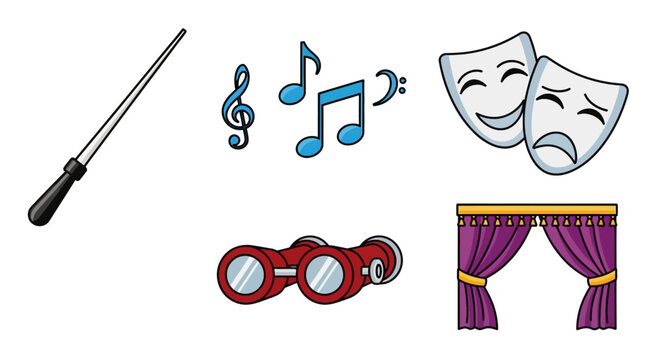 Theater Performance Symbols: Conductor Baton, Music Notes, Masks, Binoculars, Stage Curtain