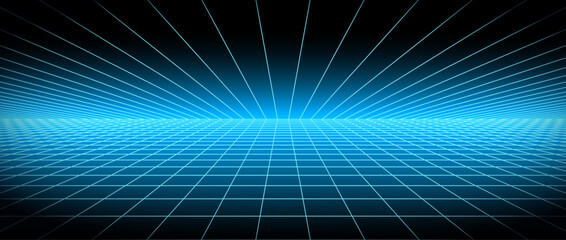 Bright blue glow neon wireframe background. Glowing shining checkered grid floor plane in perspective. Retro futuristic horizon wallpaper. Arcade game sci fi matrix landscape surface. Vector backdrop © vika_k