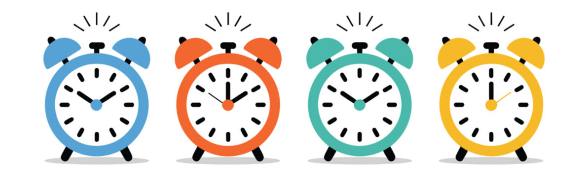 Alarm clock illustration set, colorful ringing clocks in different styles for time management, reminders, scheduling, and productivity design.