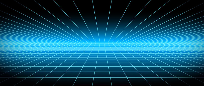 Bright blue glow neon wireframe background. Glowing shining checkered grid floor plane in perspective. Retro futuristic horizon wallpaper. Arcade game sci fi matrix landscape surface. Vector backdrop