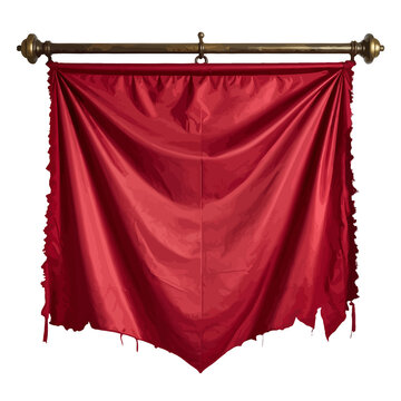 A tattered, deep red fabric banner hangs from a brass pole