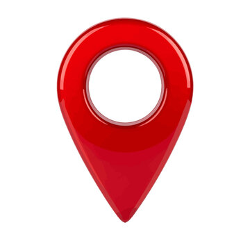 Glossy red map pin marker with a dark circular hole, isolated on black