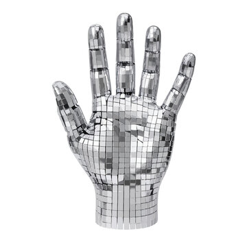 A sparkling disco ball hand, open with fingers extended