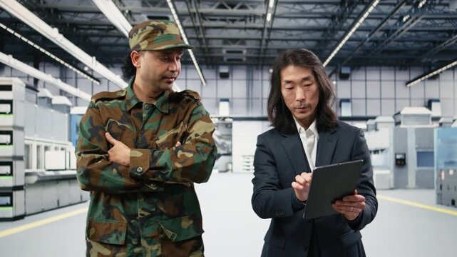 Military manufacturing microchips essential to national security during geopolitics technology race. Army increasing semiconductor self sufficiency to decrease defense vulnerabilities, camera A