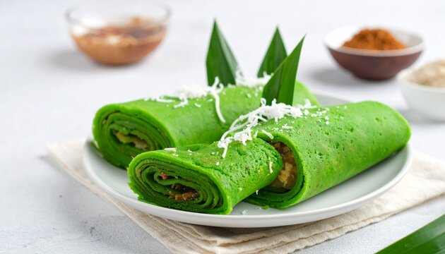 Green rolled pancakes (kue dadar gulung) with shredded coconut and pandan leaves on a white plate, a traditional Indonesian sweet snack.