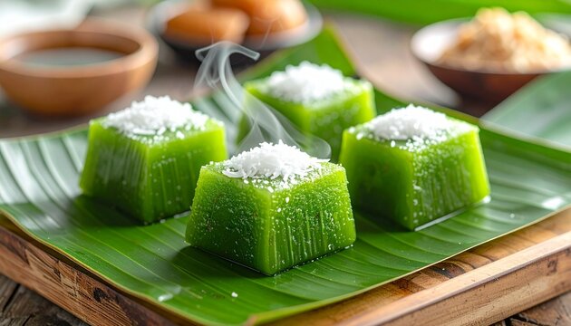 Steaming green pandan kuih talam or steamed rice cakes with shredded coconut on a banana leaf.