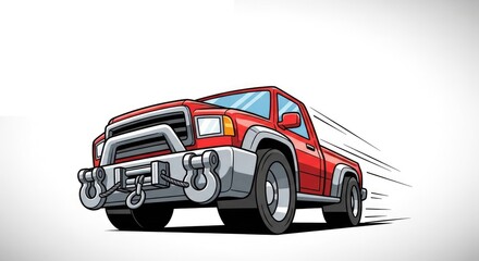 Fototapeta premium Red Pickup Truck Speeding on White Background.